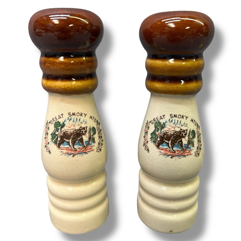 Vintage Great Smoky Mountains Salt And Pepper Shaker Set Black Bear Craze Lines